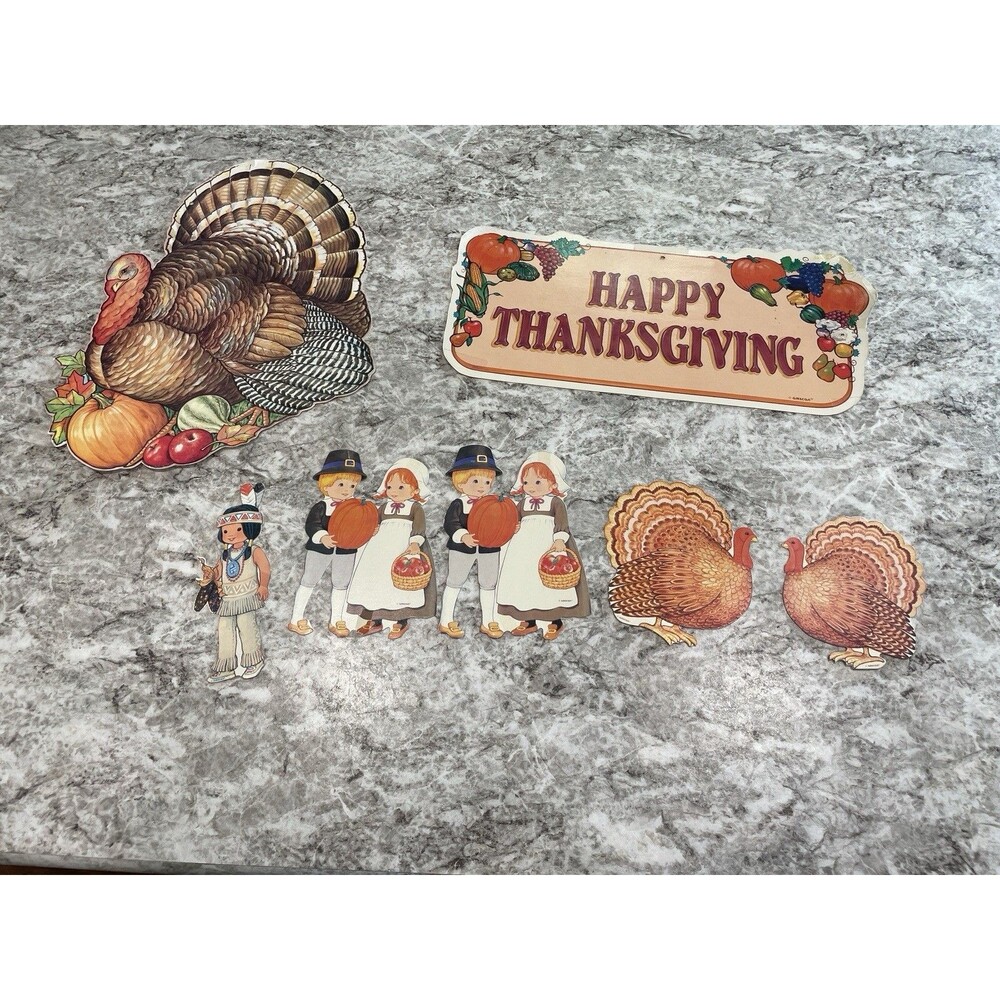 7 Vintage Amscan Thanksgiving Cardboard Cutouts Die Cut Pilgrims Pumpkins Turkey
